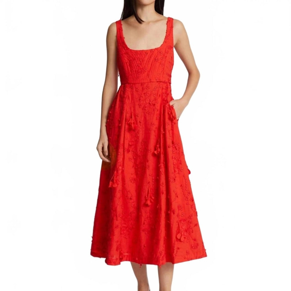 Floral 3D Applique Embroidered Midi Dress Bright Red